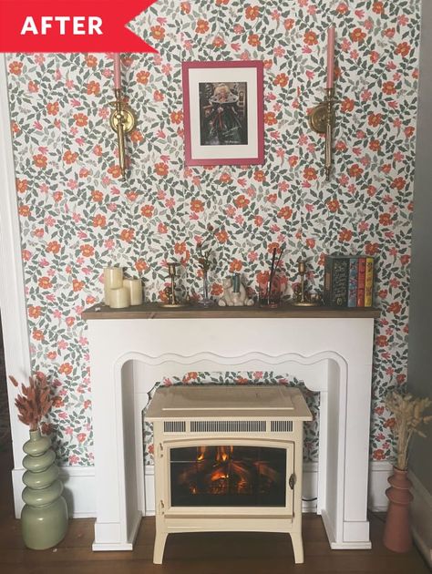 Renter-Friendly Fireplace DIY | Apartment Therapy Fireplace Renter Friendly, Fireplace Mantle Designs, Diy Electric Fireplace, Diy Mantle, Fireplace Box, Wallpaper Fireplace, Wallpaper Edge, Fireplace Diy, Green Floral Wallpaper