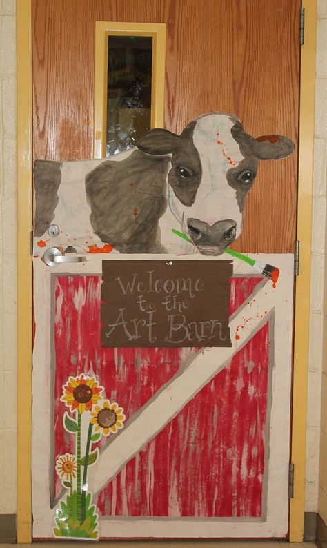 Farm themed classroom door: Art room door with a splatter painting cow! Art on… Cow Classroom Door, Farm Theme Decor, Farm Classroom Decorations, Barnyard Classroom, Art Room Door, Farm Classroom Theme Decor, Barnyard Vbs, Farm Vbs, Farm Classroom