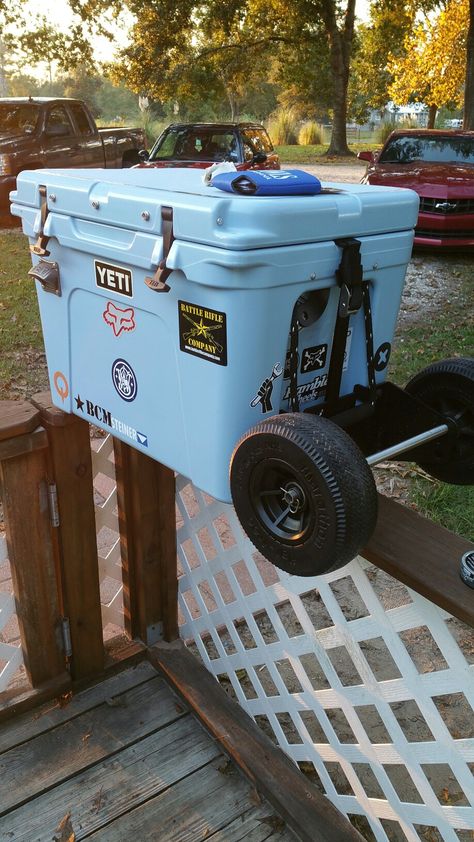 My yeti cooler with rambler wheels. Yeti Cooler Stickers, Yeti Cooler Accessories, Cooler Stickers, Yeti Cooler, Cooler Accessories, Sticker Bomb, Creative Valentines, Diy Valentines Crafts, Cool Stickers