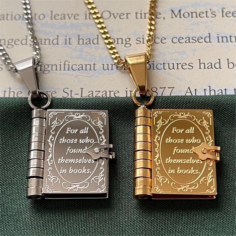 Material: Titanium Steel Color: Gold Book Necklace, Steel Book Necklace Fashion Element: English Letters Style: Retro Book Accessories Products, Statement Sweaters, Book Charm Bracelet, Gifts Book Lovers, Letters Style, Book Pendant, Book English, Book Necklace, Gold Book