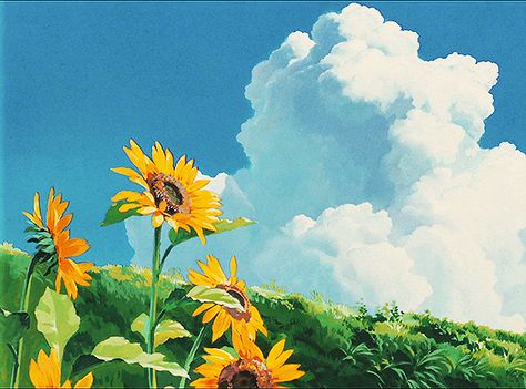 Guess The Anime, Studio Ghibli Background, Color Script, Ghibli Artwork, Garden Drawing, Sunflower Garden, Sunflower Wallpaper, Studio Ghibli Art, Sunflower Art