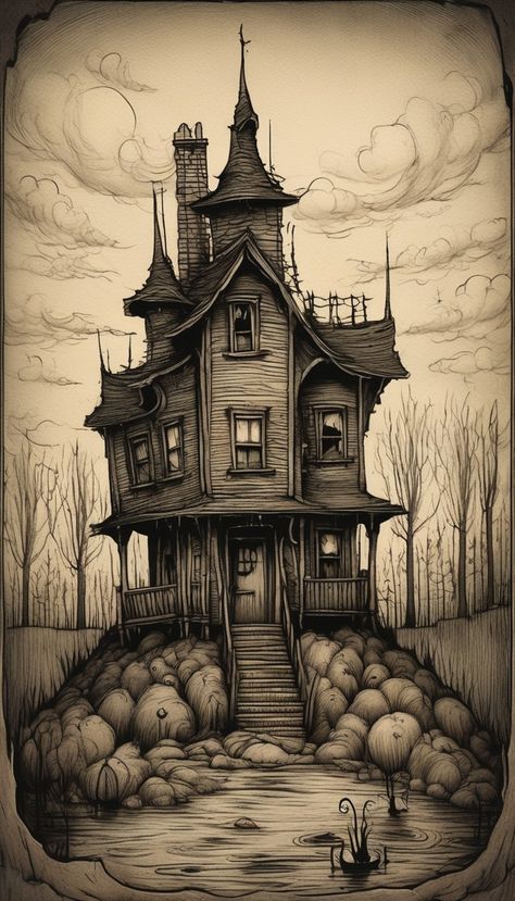 they leave their houses Haunted House Back Tattoo, Witches House Drawing, Spooky Mansion Drawing, Spooky Haunted House Drawings, Haunted Houses Drawing, Haunted House Drawing Ideas, Grungy Illustrations, Grungy Sketch, Scary House Drawing