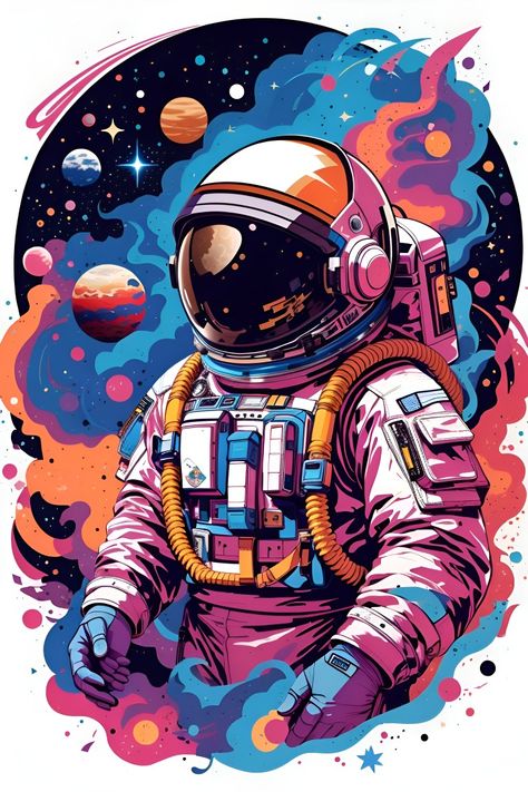 An Astronaut in the colourful space surrounded by the planets and space dust Space Man Art, Space Illustration Art, Spaceman Art, Bushido Tattoo, Astronaut Artwork, Outer Space Art, Astronaut Illustration, Moon Planet, Seni Pop