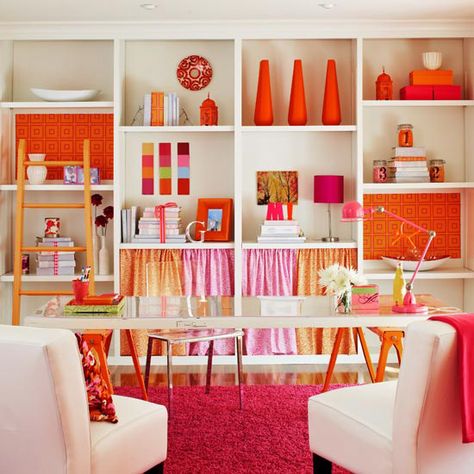 Great craft room Orange Office, Orange Color Combinations, Warm Color Schemes, Bright Decor, Orange Home Decor, Orange Decor, Warm Colour Palette, Orange House, Colorful Accessories