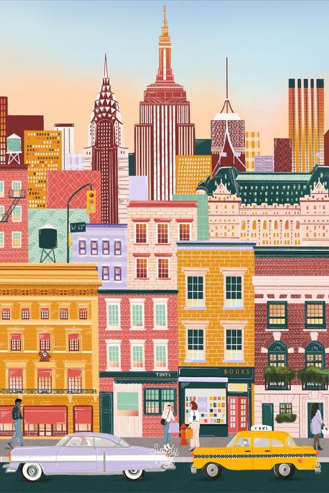 This vibrant art piece created by Simply, Katy features some of New York's most iconic landmarks such as the Empire State Building, Chrysler Building and ofcourse a yellow taxi. Shop this print using the link below! New York Travel Poster, New York Illustration, Funny Laptop Stickers, Wall Decor Retro, Nyc Print, City Skyline Art, New York Print, Yellow Taxi, Building Illustration