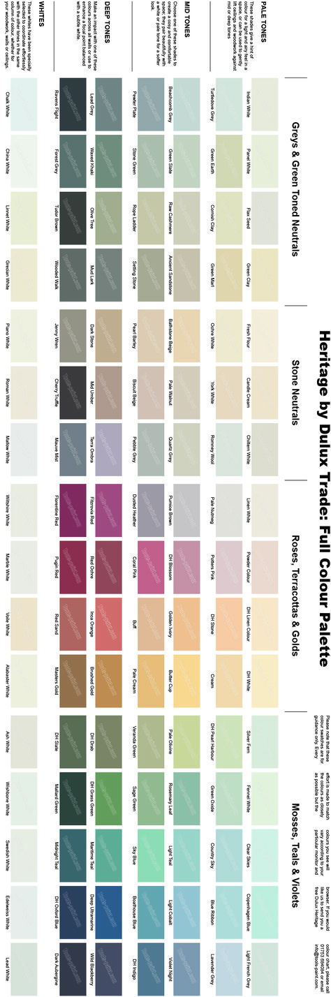 Dulux Heritage colour chart - full range of 112 colours. Deluxe Heritage Colours, Delux Paint Colours, Dulux Heritage Paint Colours, Georgian Colour Palette, Davies Paint Color Chart Philippines, Plascon Paint Colours Interiors, Heritage Colour Palette, Colour Chart Paint, Dulux Colour Schemes