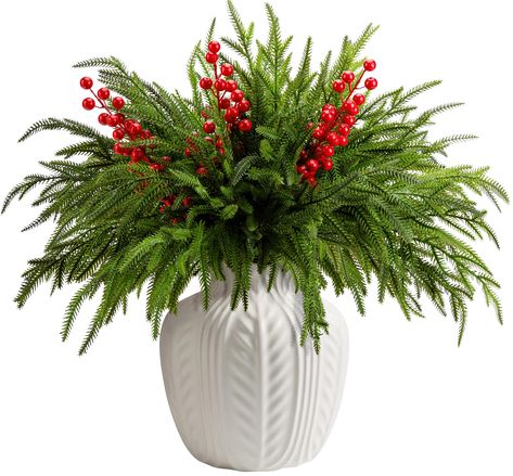 PRICES MAY VARY. Extra Long Size: You will receive 12 pcs Xmas norfolk pine branches measuring 19 inch, and 3 pcs artificial red berry stems measuring 16 inch, which is easy to insert in the vase (Not include vase), providing enough size for a variety of decorative purposes. Realistic Design: This item is designed with red berry stems & pine branches shape, and the appearance and touch are realistic, which will always be fresh and add beauty to your home decoration. Upgrade Material: Our norfolk Christmas Center Piece For Table, Craft Garland, Garland Home Decor, Fake Greenery, Outdoor Christmas Planters, Pine Leaves, Christmas Branches, Norfolk Pine, Christmas Vases