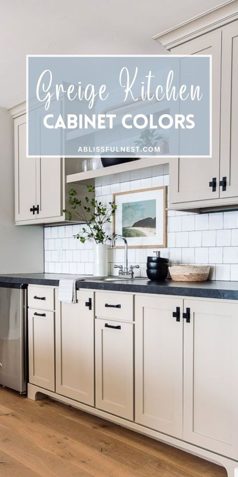 Considering a kitchen remodel? Explore the beauty of greige kitchen cabinet colors and discover their ability to transform your space. This versatile hue pairs beautifully with both warm and cool tones, making it easy to create a cohesive and inviting atmosphere. Add pops of color with accessories or let the greige cabinets shine as the star of the show. #kitcheninspiration #renovation #neutralpalette Egg Shell Cabinets Kitchen, Natural Creme Benjamin Moore Cabinets, Greige Cabinets Dark Countertops, Milk Paint Cabinets Kitchens, Eggshell White Kitchen Cabinets, Sherwin Williams Perfect Greige Cabinets, Greige Kitchen Cabinets Benjamin Moore, Putty Color Kitchen Cabinets, Taupe Colored Kitchen Cabinets