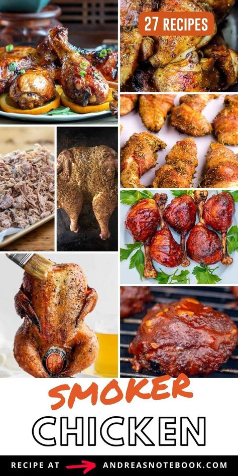 collage of smoked chicken recipes. Smoker Chicken Recipes, Chicken Smoker Recipes, Smoked Shredded Chicken, Whole Smoked Chicken, Smoker Chicken, Smoked Chicken Thighs, Pulled Chicken Recipes, Grilled Dinner Recipes, Smoked Whole Chicken