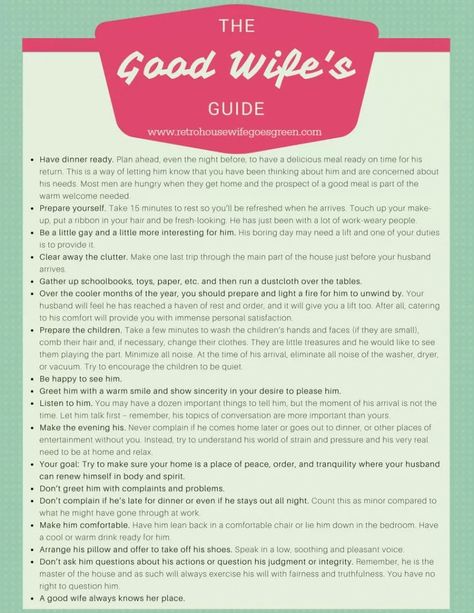 The Good Wife's Guide goes around the internet quite often as a "how to be a good wife" kind of post. However, most find it outdated so this is a modern Good Wife's Guide. The Good Wife's Guide, Benefits Of Being Single, Better Wife, Love Your Husband, Marriage Ideas, Love You Husband, Showing Love, Cheating Husband, Couple Questions