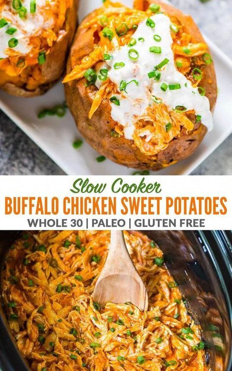 Slow Cooker Buffalo Chicken Sweet Potatoes - Juicy and wholesome buffalo fowl served over fluffy candy potatoes and crowned with a creamy yogurt drizzle. You'll love this easy, wholesome crock pot recipe! Crockpot Potatoes, Chicken Sweet Potatoes, Slow Cooker Buffalo Chicken, Potatoes Chicken, Menu Sarapan Sehat, Creamy Yogurt, Chicken Crockpot, Crock Pot Recipes, Crock Pot Chicken