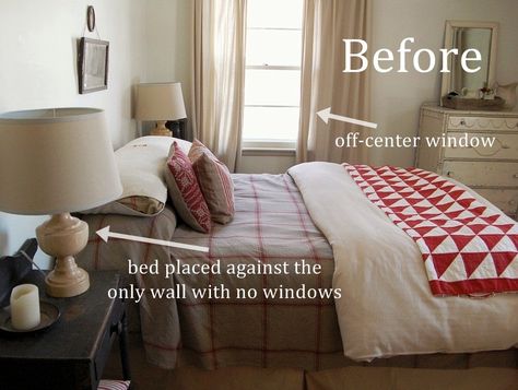 off center window behind bed | New Bedroom Layout I love this bed! Bed Facing Closet, Creative Bedroom Layout, Bed In Front Of Window Ideas Off Center, Bedroom Layout Two Windows, Wide Bedroom Layout, Bed In Front Of Window Off Center, Under Window Bedroom, Tiny Master Bedrooms With King Bed, Off Center Bedroom Window