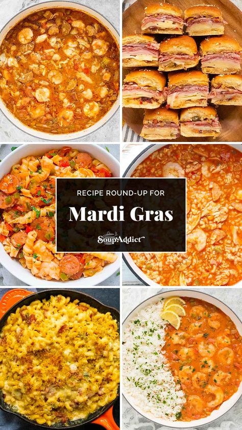 A photo collage of 6 dishes for a Mardi Gras recipe round-up. Traditional New Orleans Food, New Orleans Inspired Food, Food From New Orleans, Louisiana Food Cajun Cooking, New Orleans Meals, New Orleans Foods, Mardi Gras Meal Ideas, New Orleans Theme Party Food, Easy New Orleans Recipes