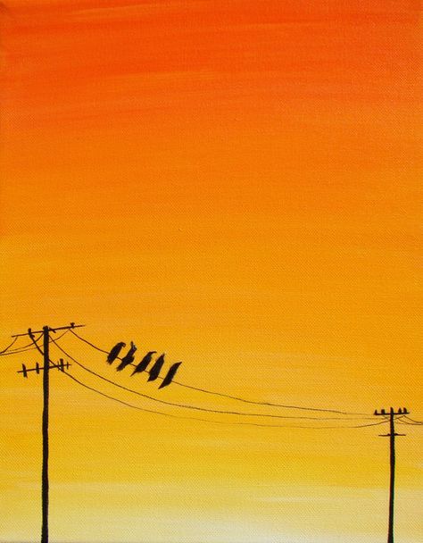 Bird On Telephone Wire, Birds On A Line Painting, Birds On Wire Drawing, Sunset Telephone Wires Painting, Birds On The Wire, Bird On A Wire Painting, Simple Bird Painting Acrylics, Painting Birds Simple, Telephone Wire Painting