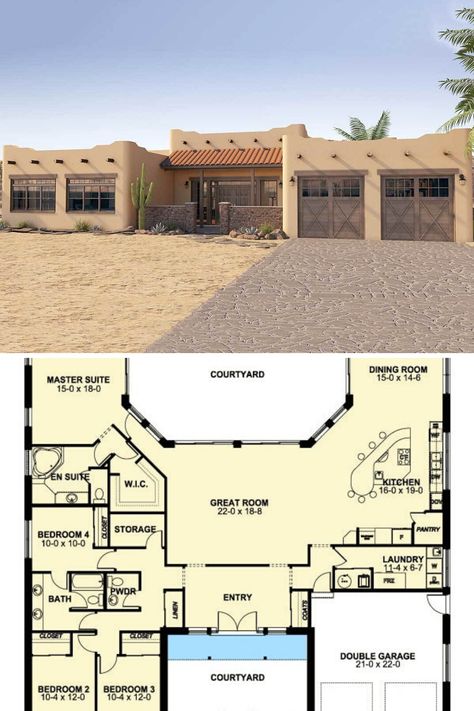 Horseshoe House Layout, Desert Floor Plans, Adobe House Floor Plans, Adobe Floor Plans, Southwest Style House Plans, Southwest Home Plans, Modern Desert House Plans, Southwest Floor Plans, Pueblo Style Homes Floor Plans