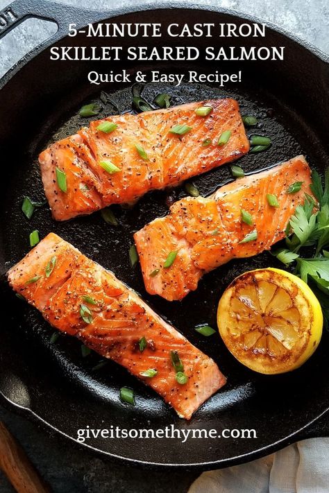 Caramelized seared salmon fillets cooked in a cast iron skillet. Salmon Cast Iron Skillet, Cast Iron Salmon, Salmon Skillet, Shrimp Quesadilla, Quick Salmon, Recipes Fish, Thyme Recipes, Lent Recipes, Iron Skillet Recipes