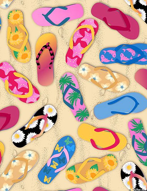 Digitally printed, larger flip flops are about 3-1/2", 'Beach Flip Flops' by Four Seasons for David Textiles.  Quilt Fabrics from www.eQuilter.com Flip Flop Wallpaper, Flip Flop Art, Screen Savers Wallpapers, Printed Flip Flops, Start Quilting, Quilt Fabrics, Summer Christmas, Art Watercolour, Summer Life