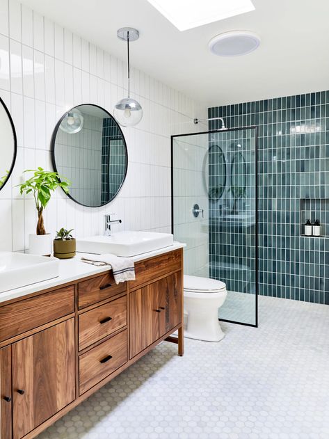 Bathroom Ceramic Tile Ideas Modern, Bathroom Tile Mid Century Modern, Coordinating Tile Bathroom, Master Bath Tile Accent Wall, Dual Walk In Shower Ideas, Bathroom Tile Schemes, Mid Century Tile Bathroom, Mid Century Modern Tiles, Mid Century Modern Bathroom Small