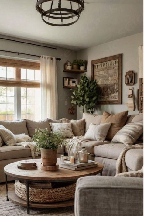 Browse stunning farmhouse living rooms full of design ideas and finishes. Cozy spaces filled with modern touches, distressed rustic woods, and stylish farmhouse decor. Get inspired for your remodel or new build with these stunning modern farmhouse style living room.
 ... more Brown Sofa Farmhouse Living Room, Farmhouse Living Room With Plants, Large Cozy Living Room Ideas, Living Room Inspiration Sectional, How To Style Sectional With Pillows, Linen Living Room Ideas, Cozy American Living Room, Cottagecore Aesthetic Living Room Cozy, Home Decor Ideas Neutral Colors