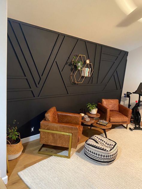 DIY project - 2Days and $250 dollars Black Accent Wall, Men's Office, Black Accent Walls, Family Room Makeover, Cheap Wallpaper, Wall Tv Unit Design, Wallpaper For Walls, Panel Ideas, Chevron Wall