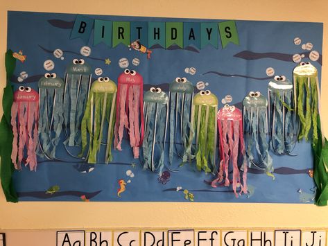 Ocean Birthday Bulletin Board, Fish Decorations For Classroom, Under The Sea Birthday Board Classroom, Jellyfish Door Decoration, Birthday Wall For Classroom, Birthday Wall Ideas For Classroom, Jellyfish Room, Birthday Corner, Ocean Classroom Decor