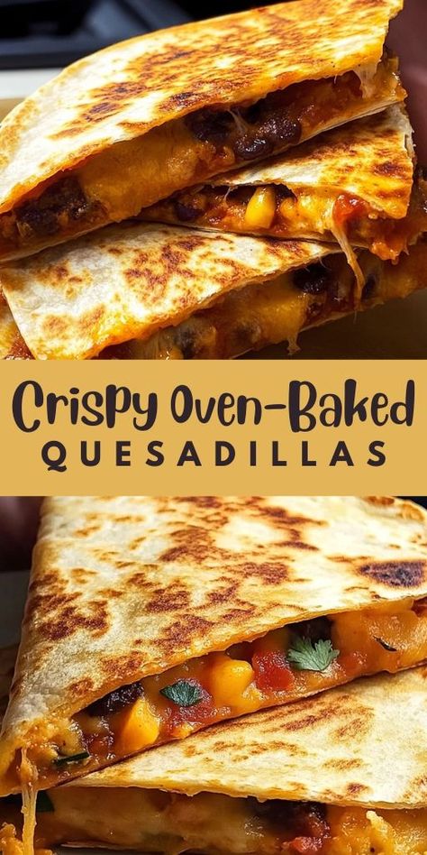 Crispy Oven-Baked Quesadillas Ingredients: 8 large flour tortillas 2 cups shredded cheese (cheddar, mozzarella, or a blend) 1/2 cup cooked chicken (optional) 1/4 cup chopped onions 1/4 cup chopped bell peppers 1/4 cup sour cream (optional) 2 tablespoons olive oil Salt and pepper to taste #Crispy #OvenBaked #Quesadillas Quesadilla In Oven, Baked Quesadilla, Chicken Quesadillas Easy, Quesadilla Recipes Easy, Fast Easy Dinner, Chicken Quesadilla Recipe, Cheese Cheddar, Easy Baked Chicken, Easy Oven