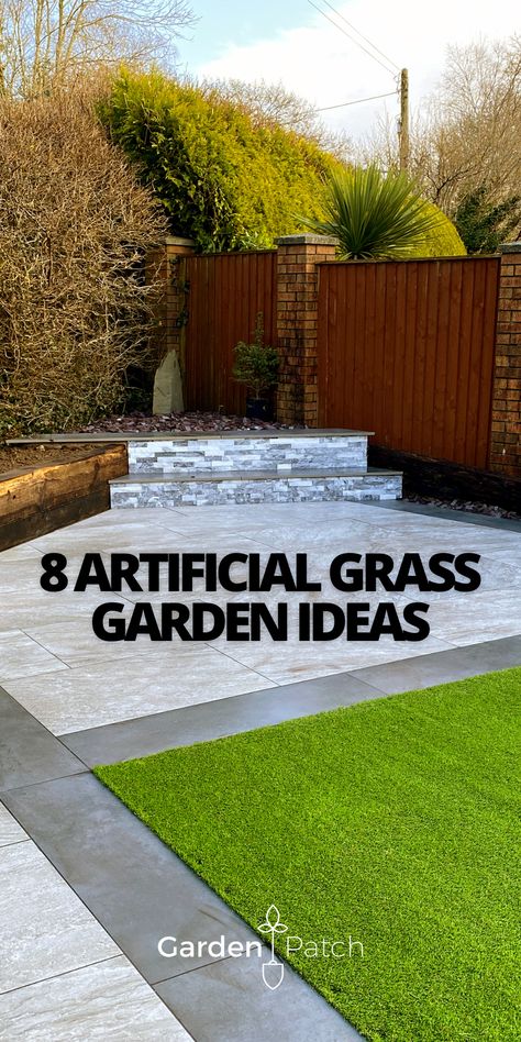 Artificial Grass Garden Ideas Fake Grass Courtyard, Artificial Grass And Stone Ideas, Astro Turf Ideas, Fake Grass Landscaping Ideas, Backyard Low Maintenance Ideas, Astroturf Backyard Ideas, Synthetic Grass Ideas, Artificial Grass Backyard Landscapes, Small Grass Area Ideas