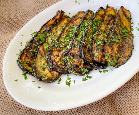 Grilled-then-Marinated Eggplant Broiled Eggplant, Marinated Eggplant, Eggplant Recipes Healthy, Italian Eggplant, Eggplant Parmesan Baked, Eggplant Dishes, Baked Eggplant, Grilled Eggplant, Italian Table