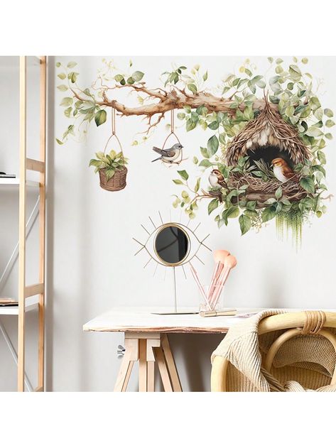 1set (2pcs) Colored Painted Tree Branches, Leaves & Bird Nest Wall Stickers Multicolor    PVC     Home Decor, size features are:Bust: ,Length: ,Sleeve Length: Takken Decor, Chinese Tree, Bedroom Stickers, Bird Wall Decals, Kids Room Wall Stickers, Cartoon Trees, Living Room Door, Hal Decor, Branch Decor