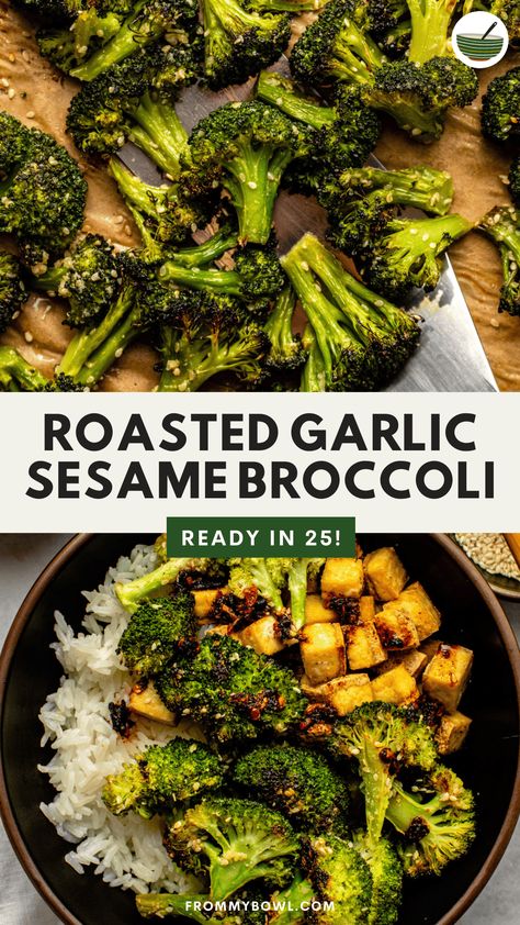 This Roasted Broccoli Recipe tosses broccoli florets in a sesame and garlic marinade before they’re baked to crisp and tender perfection. Enjoy as an exciting side dish or with takeout-inspired meals. Vegan & Gluten-Free. Outback Broccoli Recipe, Sesame Broccoli Recipe, Sesame Broccoli, Broccoli Side Dish, Asian Seasoning, Roasted Broccoli Recipe, Meals Vegan, Garlic Roasted Broccoli, Garlic Broccoli