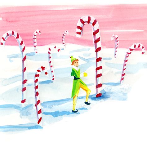 Candy Cane Forest Elf, Elf Movie Illustration, Elf Candy Cane Forest, Buddy The Elf Drawing, Candy Cane Forest Decorations, Elf Movie Drawing, Elf Leaving, Elf Nails, Parade Float Theme