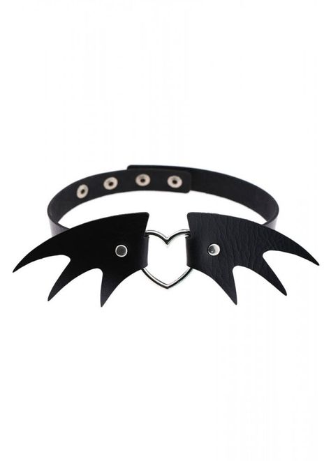 The Bat Wing Heart Ring Choker is a spooky gothic neckband with popper stud fastening. The Halloween inspired choker has a heart ring centrepiece with bat wings either side.    Black   Popper stud fastening neckband   Heart ring centrepiece with bat wings Harajuku Necklace, Goth Choker Necklaces, Gothic Harajuku, Goth Choker, Women Choker Necklace, Gothic Chokers, Black Punks, Leather Heart, Heart Accessories