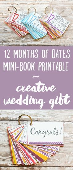 FREE Printable 12 Months of Pre-Planned Dates Mini-Book | Give the gift of quality time as a creative and meaningful wedding or engagement gift with this free printable download. Help make a couple's first year of marriage one for the record books! The 14 page PDF Printable Pack comes with everything you need to carry out this gift idea plus many more! 12 Months Of Dates, Wedding Gifts For Couple, Creative Wedding Gifts, First Year Of Marriage, Wedding Favors Cheap, Year Of Dates, Unique Wedding Favors, Wedding Gifts For Couples, Creative Wedding