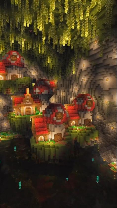 Credit: charliecustard_builds Aesthetic Minecraft Cave Builds, Minecraft Ceiling Design Ideas, Enchanted Cave Minecraft, Lush Cave Village Minecraft, Minecraft Mushroom House Interior, Lush Minecraft Builds, Minecraft Cave Aesthetic, Minecraft Cave Base Ideas Aesthetic, Minecraft Mushroom Cave