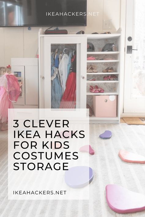 Ways To Store Dress Up Clothes, Toddler Wardrobe Ikea Hack, Kid Playroom Storage, Ikea Hack Built In Toy Storage, Dress Up Accessories Storage, Dress Up Storage Ikea Hack, Dress Up Clothes Storage Ideas, Ikea Dress Up Storage, Small Dress Up Area