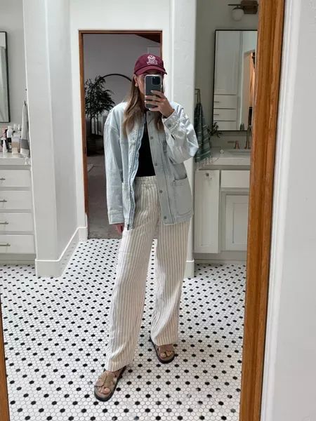 Loving these striped linen pants with an oversized denim jacket and hat for an easy everyday outfit. Tap to shop! Striped Linen Pants Outfit, Linen Pants Outfit, Striped Linen Pants, Effortless Outfit, Pants Denim, Warm Weather Outfits, Oversized Denim Jacket, Everyday Outfit, Striped Pants