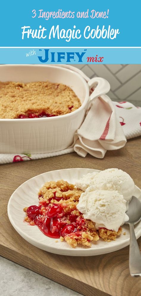 Fruit Magic Cobbler made with “JIFFY” Golden Yellow Cake Mix is easy to make and quite delicious. Just 3 ingredients and done! Share your favorite cobbler flavor with us by using the hashtag #HowDoYouJIFFY Magic Cobbler Recipe, Fruit Magic, Jiffy Mix Recipes, Fruit Cobbler Recipe, Jiffy Recipes, Cake Mix Cobbler, Yellow Cake Mix Recipes, Baking Mix Recipes, Cornbread Cake