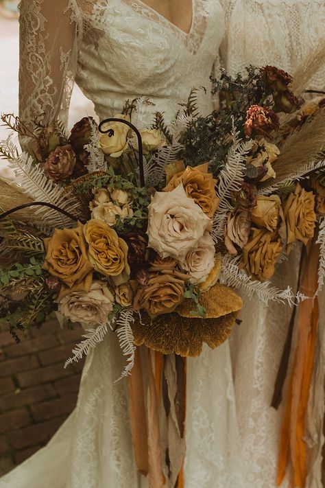 Foraged Wedding Bouquet, Cottagecore Wedding Boquet, Dried Mushroom Bouquet, Wedding Bouquets Cottagecore, Dried Yellow Roses, Antique Wedding Bouquet, Fairycore Wedding Bouquet, Forest Flower Bouquet, Messy Wedding Bouquet