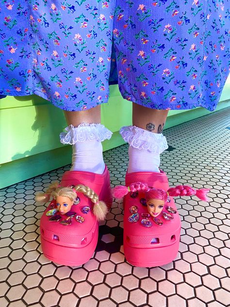 Barbie • Barbie-Core • Barbie Crocs • Barbie Croc Charms • Jibbitz • Heeled Crocs • Platform Crocs • Pink Crocs • Crocs Style • 90s Style • Funny Crocs Shoes, Funny Croc Jibbitz, Crocs Jibbitz Aesthetic, Crocs Fashion Street Styles, Shoe Upcycle, Crocs Bedazzled, Jibbitz Crocs Ideas, Barbie Crocs, Croc Jibbitz Ideas