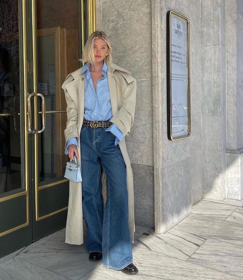 Elsa Hosk Outfits, Wide Leg Jeans Outfits, Elsa Hosk Style, Trench Coat Outfit, Romee Strijd, Elsa Hosk, Gisele Bundchen, Looks Street Style, Candice Swanepoel