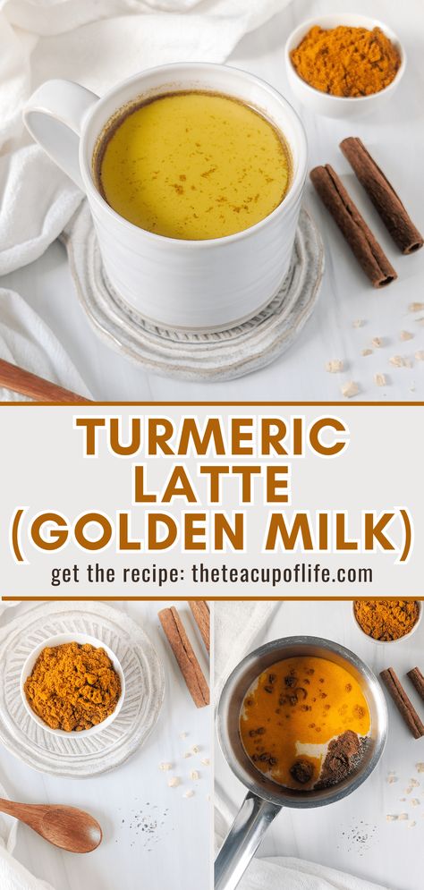 This turmeric latte recipe features warming and healing spices whisked into milk for a golden drink with a soothing and earthy taste. Naturally caffeine-free and high in antioxidants, this latte is great for the end of day or when you're not feeling 100%! Iced Golden Milk Latte, Bone Broth Latte, Tumeric Latte Recipe, Golden Latte Recipe, Turmeric Coffee Recipe, Turmeric Drinks, Turmeric Latte Golden Milk, Golden Milk Recipe Turmeric, Golden Drink