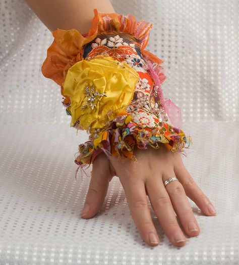 Patchwork textile art cuff bracelet with roses by PopLoveHers, $35.00 Boho Textiles, Lace Cuff Bracelet, Embroidered Bracelet, Sequins Fabric, Beadwork Embroidery, Romantic Shabby Chic, Hand Sculpture, Lace Cuffs, Chic Bracelet