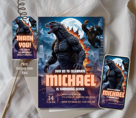 Editable Godzilla Invitation, Kong Printable Invitation,  Boys Birthday, Monster Party, King of The Monsters, New Empire, Canva Template Godzilla Invitations, Legendary Godzilla, Godzilla Kong, Godzilla Vs Kong, Photo Website, Godzilla Vs, Monster Party, Boys Birthday, Messaging App