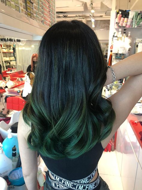 Balayage Green Hair, Evergreen Hair Color, Black Hair With Green Ends, Dark Green Black Hair, Dark Green Balayage, Sage Green Hair Color, Green Highlights In Black Hair, Olive Green Hair Color, Dark Emerald Green Hair