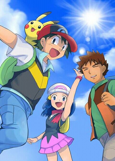 "The Sinnoh gang" as the "Johto gang" calls them Pokemon Trainer Art, Brock Pokemon, Ash And Dawn, Pokémon Diamond And Pearl, Pokémon Diamond, Pikachu Art, Pokemon People, Pokemon Gif, Ash Pokemon