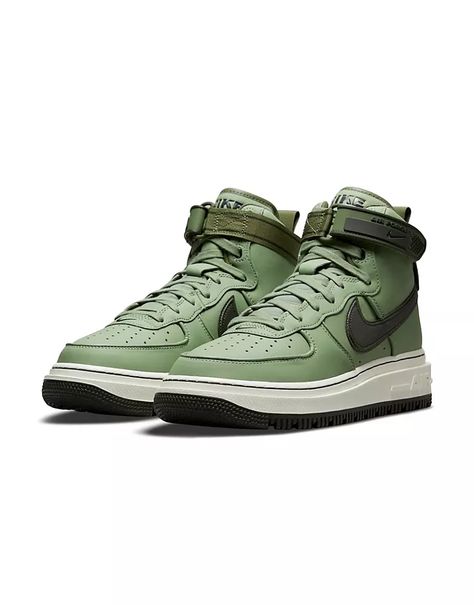 Nike Air Force 1 trainerboots in oil green/medium olive - KHAKI | ASOS New Nike Air Force, Nike Air Force 1 High, Nike Retro, Air Force 1 High, Mens Nike Air, Air Force Ones, Men's Boots, Winter Shoes, Nike Air Force 1