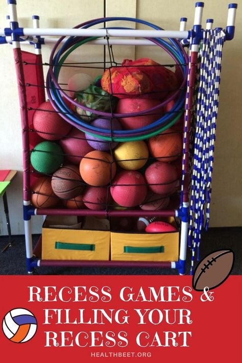 Three classic recess games and all the supplies you need to fill a recess cart. Pe Equipment, Health Beet, Pe Lesson Plans, Recess Games, Recess Time, Tetherball, Elementary Pe, Health Teacher, Pe Lessons