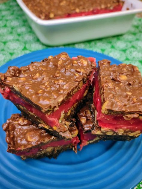 These delicious bars are based on a candy found mainly in the Midwest. Also known as Twin Bings or Cherry Mash, these unexpected flavors combine for a sweet treat