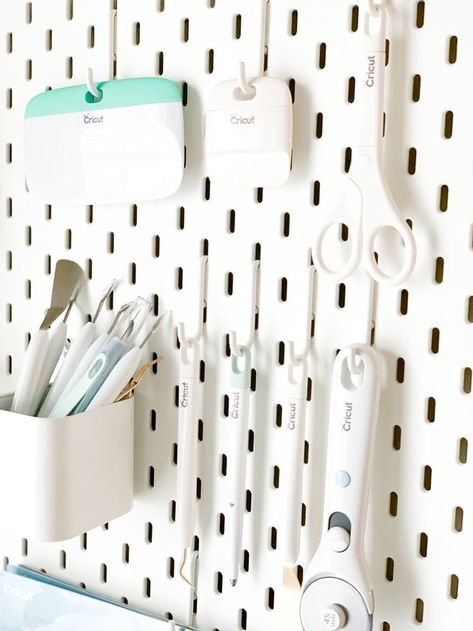 Create a Cricut Craft Room Space with Drawers and Cricut Pegboard Ideas with Tips, Tricks, and Craft Room Organization Ideas with your Cricut Explore Air 2 from Martha Stewart and Michaels #ad #cricut #cricutmade #cricutmarthastewart #madewithmichaels #craftroom #kondo #organizationideas #cricutcraftroom #mariekondo Cricut Pegboard, Cricut Craft Room Organization, Cricut Aesthetic, Cricut Room, Cricut Organization, Pegboard Craft Room, Craft Room Organization Ideas, Craftroom Ideas, Craft Aesthetic