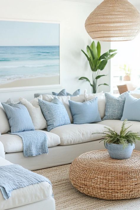 "Create a beach-inspired haven with a Modern Coastal Living Room! 🌊🛋️ Perfect for bringing the tranquility of the coast indoors. 🌿✨ #CoastalDecor #LivingRoomInspo #HomeDesign" Costal Grandma Apartment, Coastal Accessories Decorating Ideas, Beach House Decor Coastal Style Living Rooms, Coastal Home Decor Living Room, Coastal Grey Living Room, Coastal Couches Furniture, Coastal Living Room Aesthetic, Coastal Country Living Room, Calm Coastal Living Room